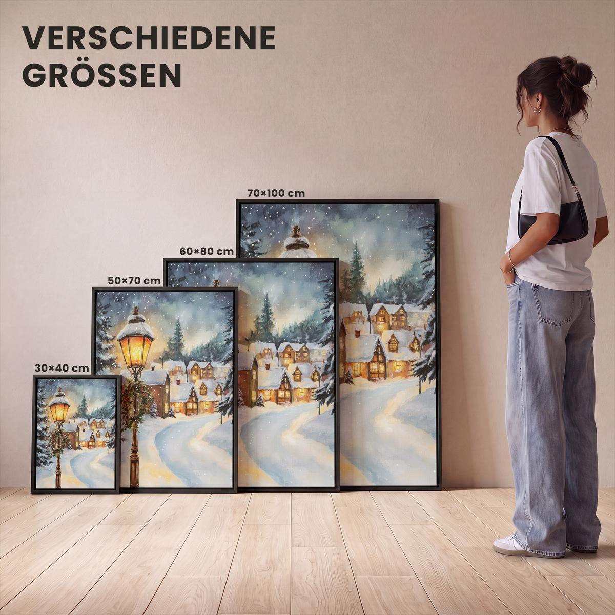 LEINWAND Bilder mit Rahmen - Weihnachtsdorf - Häuser - Schnee - Weihnachten - 30x40 - Sandfarben, Textil (30/40cm) - MuchoWow