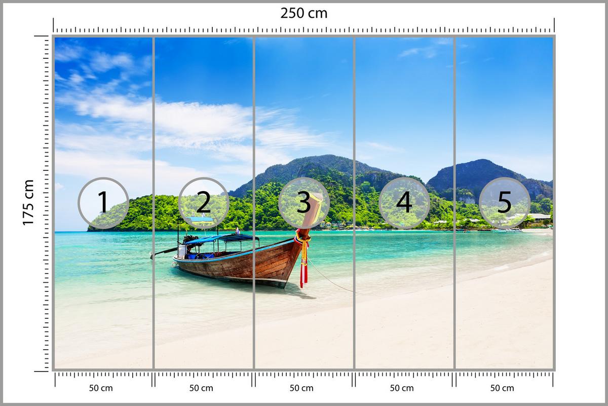FOTOTAPETE für Schlafzimmer Boot Tropenstrand Palmen Meer 250x175 - Türkis/Blau, Papier (250/175cm) - Muralo