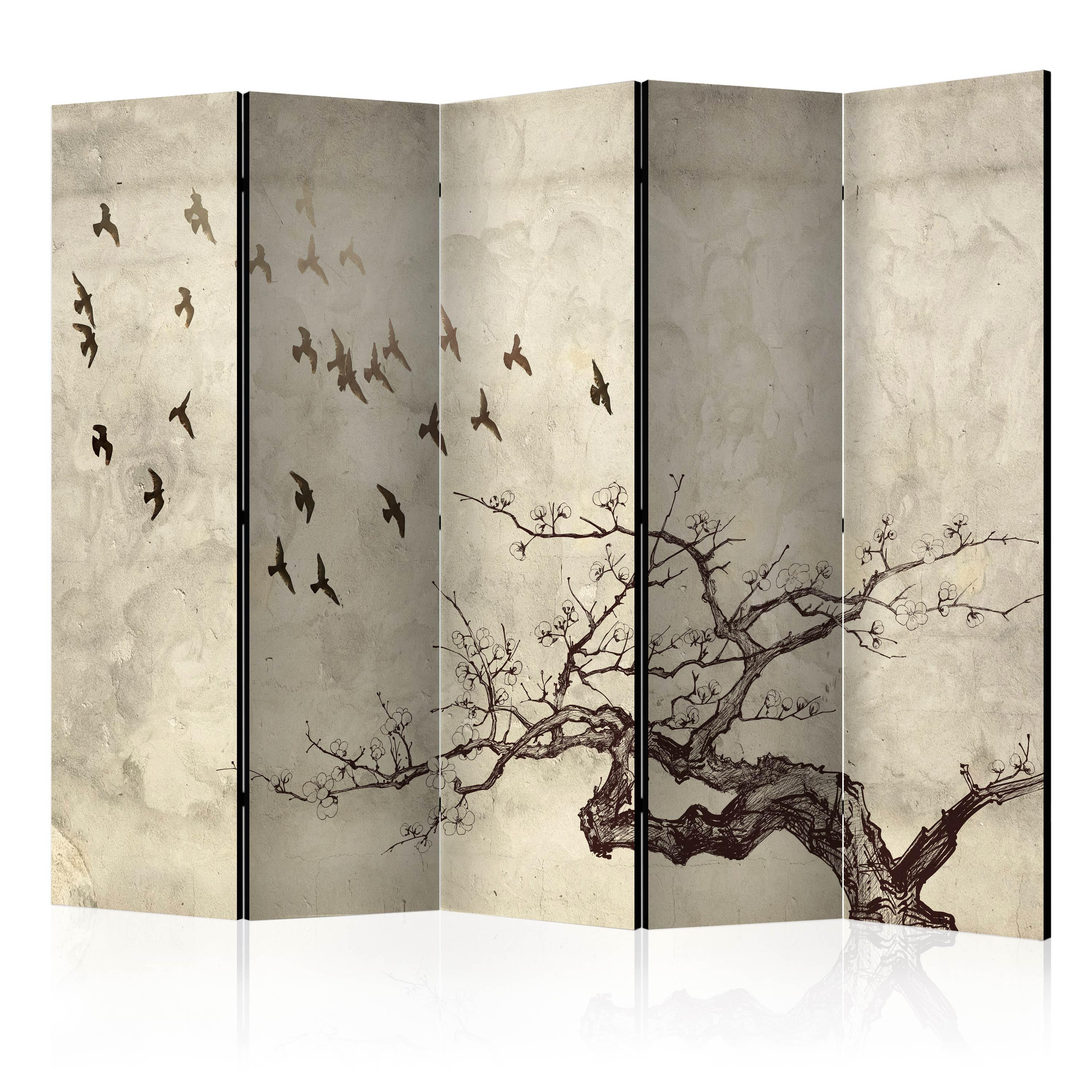 PARAVENT Akustik 5-tlg 225x172 cm Baum Vögel Vintage - Beige, Holz/Textil (225/172/3cm) - Muralo