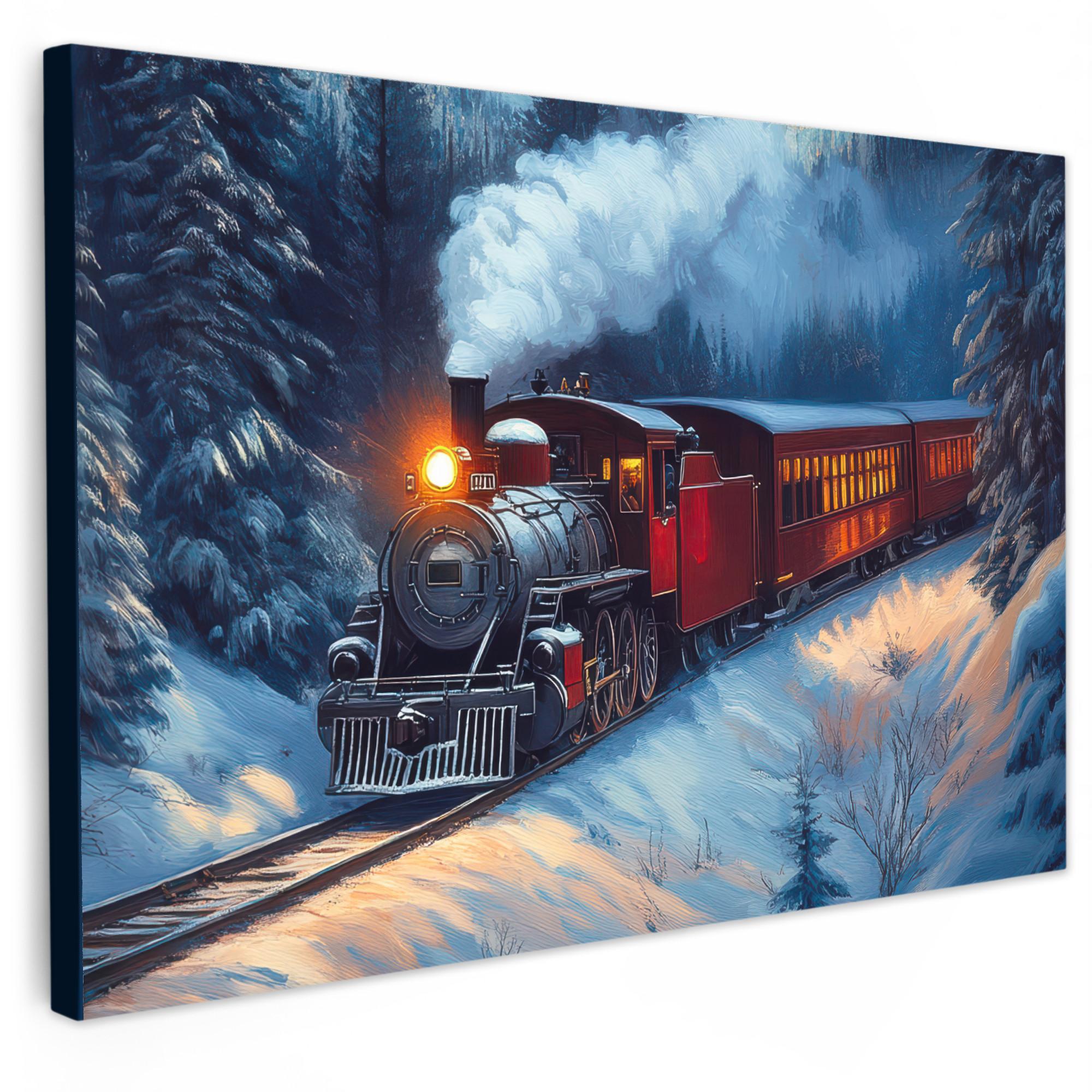 LEINWANDBILD Zug - Weihnachten - Schnee - Weihnachtszug XXL 150x100 cm - Anthrazit, Textil (150/100cm) - MuchoWow