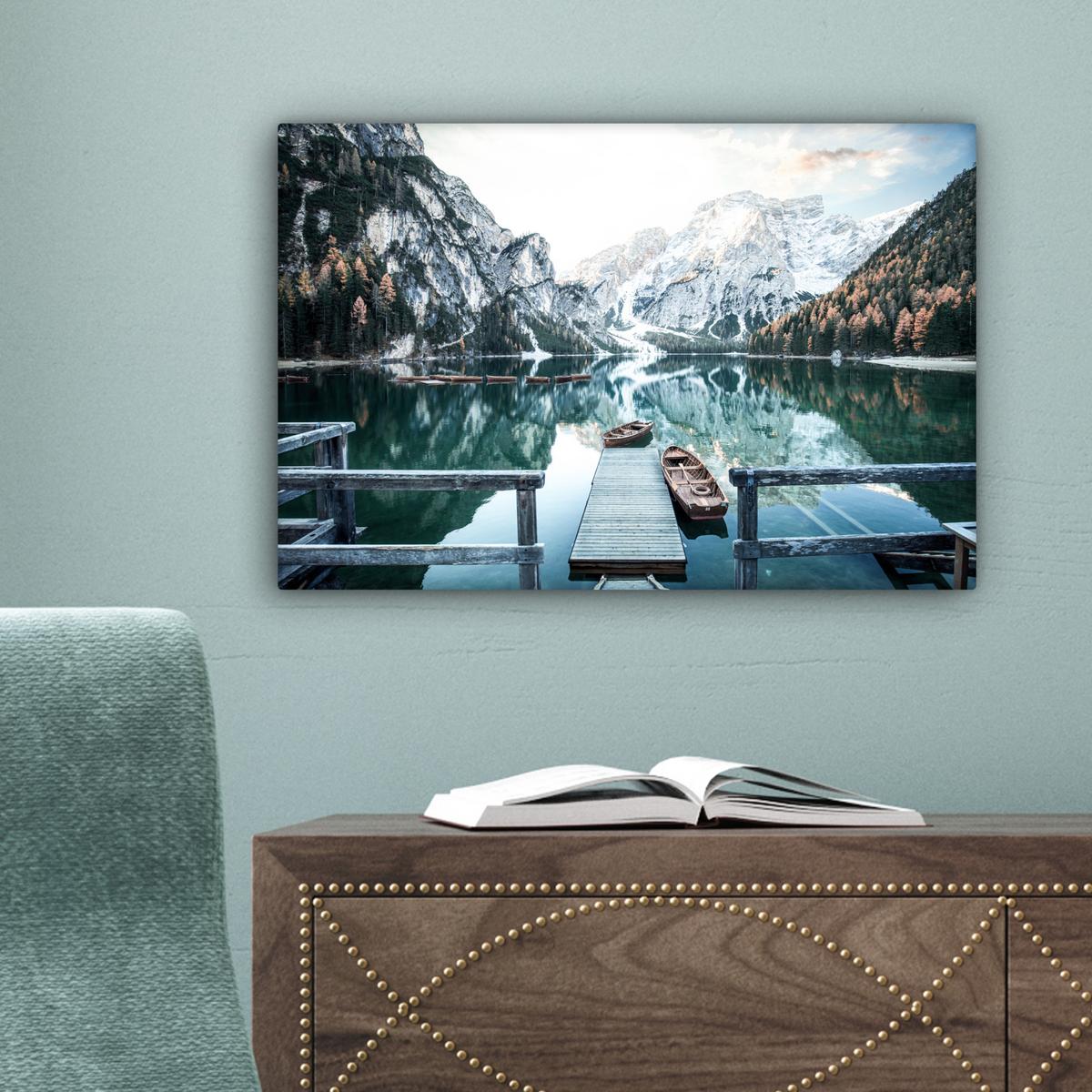 LEINWANDBILD Natur - Berge - Schnee - Wald - Boot Deko Schlafzimmer 30x20 cm - Hellgrün, Textil (30/20cm) - MuchoWow