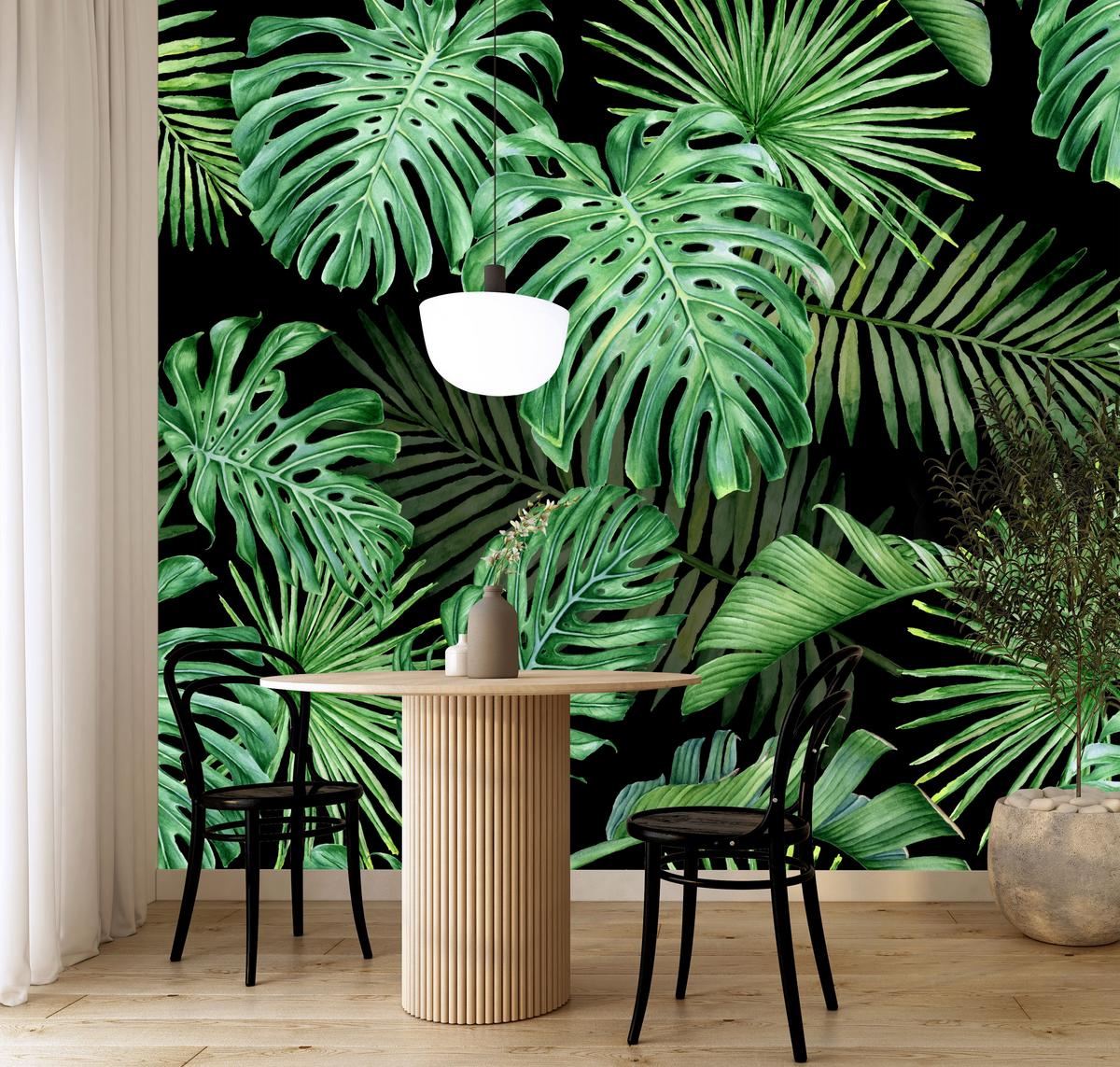 FOTOTAPETE für Schlafzimmer Exotische Grüne Monstera Palmen 400x280 - Schwarz/Grün, Papier (400/280cm) - Muralo