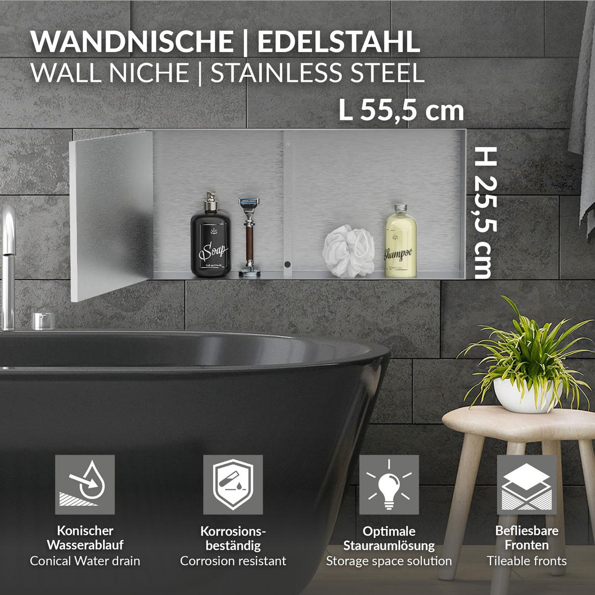 DUSCHNISCHE Edelstahl gebürstet mit befliesbarer Tür Silber 25,5/25,5 cm - Silberfarben, Metall (60/10/30cm) - LuxeBath