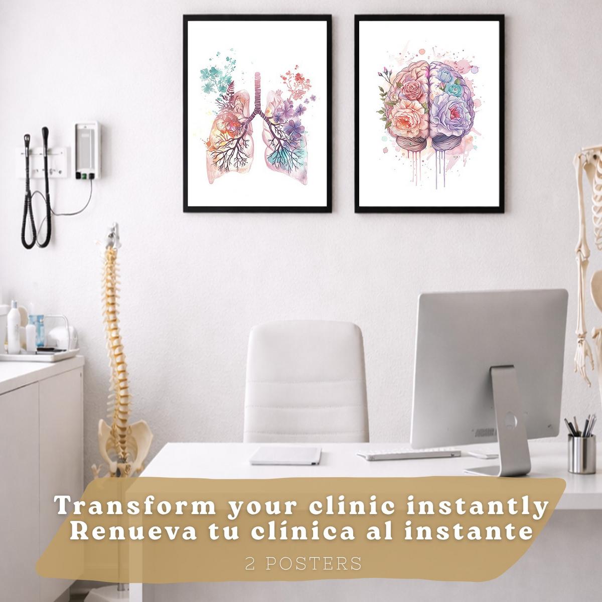POSTER Set aus 2 Anatomie Mensch Drucke und mit Lungen Luftröhre Bronchien und Gehirn Pastellfarbenes Florales Aquarell Größe Schwarzer Rahmen A3 - Schwarz, Papier (29.7/42/3cm) - Nacnic