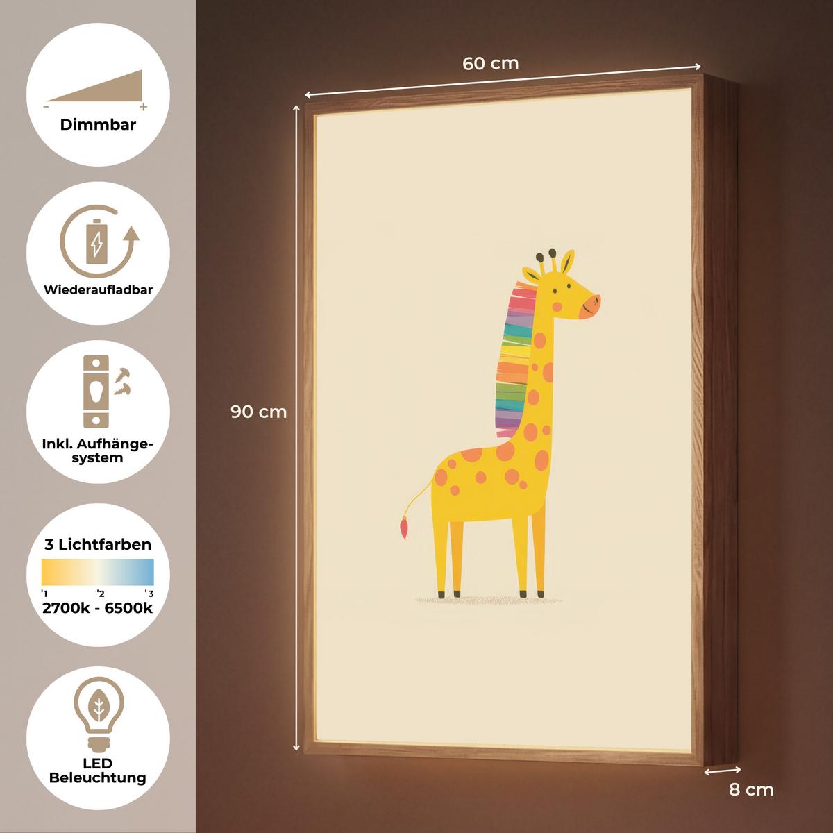 NACHTTISCHLAMPE MIT AKKU Giraffe - Regenbogenmähne - Beige 60x90 cm - Beige, Holzwerkstoff (8/60/90cm) - OnlyWow