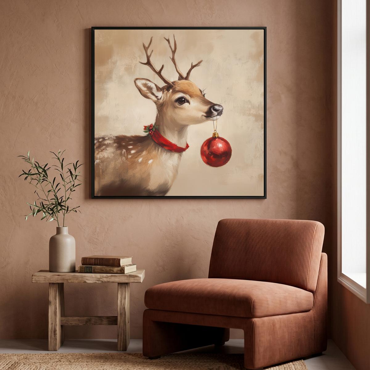 LEINWAND Bilder mit Rahmen - Weihnachten - Hirsch - Geweih - Weihnachtskugel - Rentier - 90x90 - Hellbraun, Textil (90/90cm) - MuchoWow