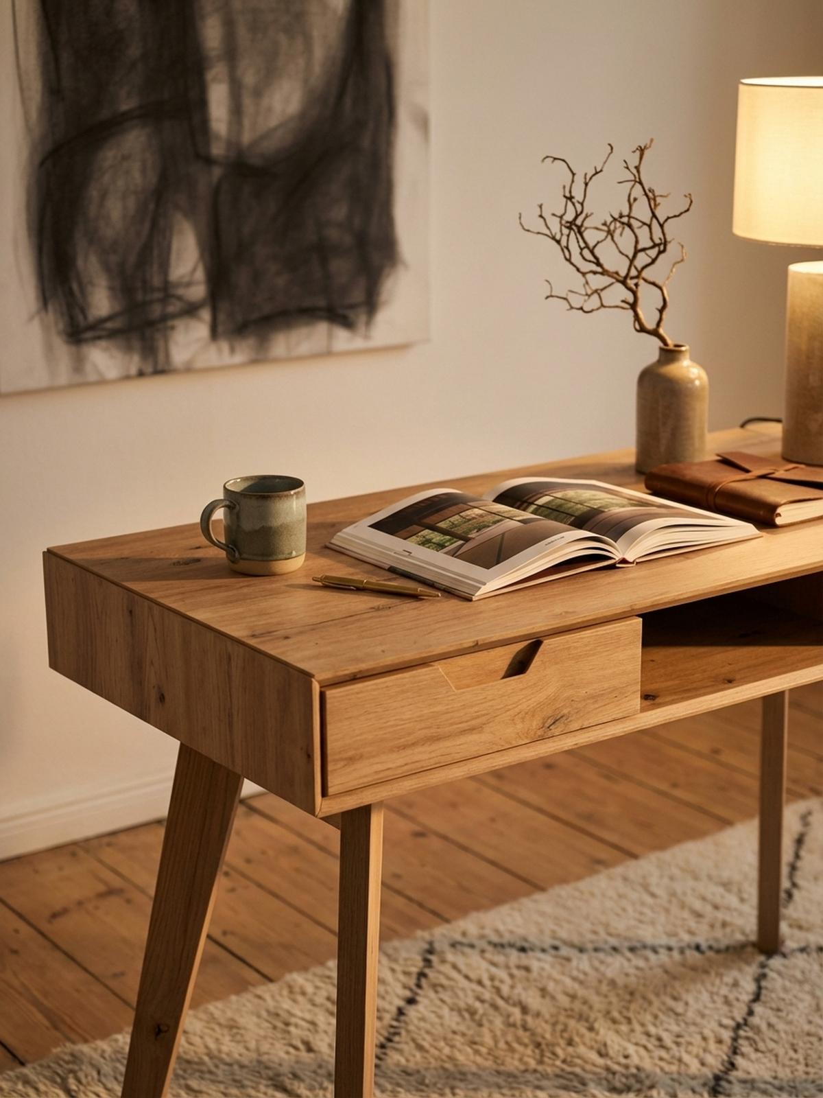 SCHREIBTISCH – 120x55x77 cm, Skandinavischer Stil, 2 Schubladen, Eichenbeine - Beige, Eichenholz/Holz (55/120/77cm) - KADIMA DESIGN