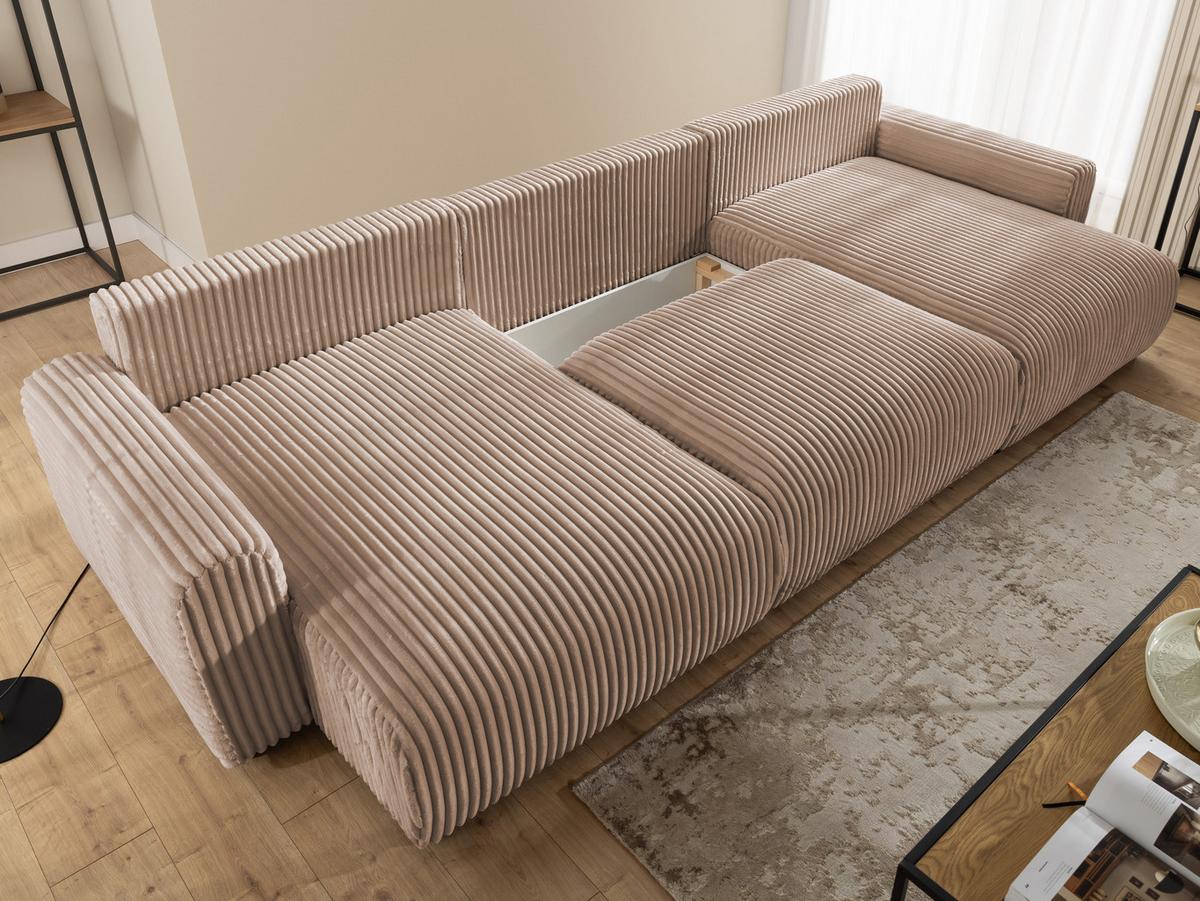 WOHNLANDSCHAFT Calma mit Schlaffunktion und Bettkasten im Bumpy-Design aus weichem Beige Plüschcord - Beige/Schwarz, Holz/Textil (336/88/140cm) - S-Style
