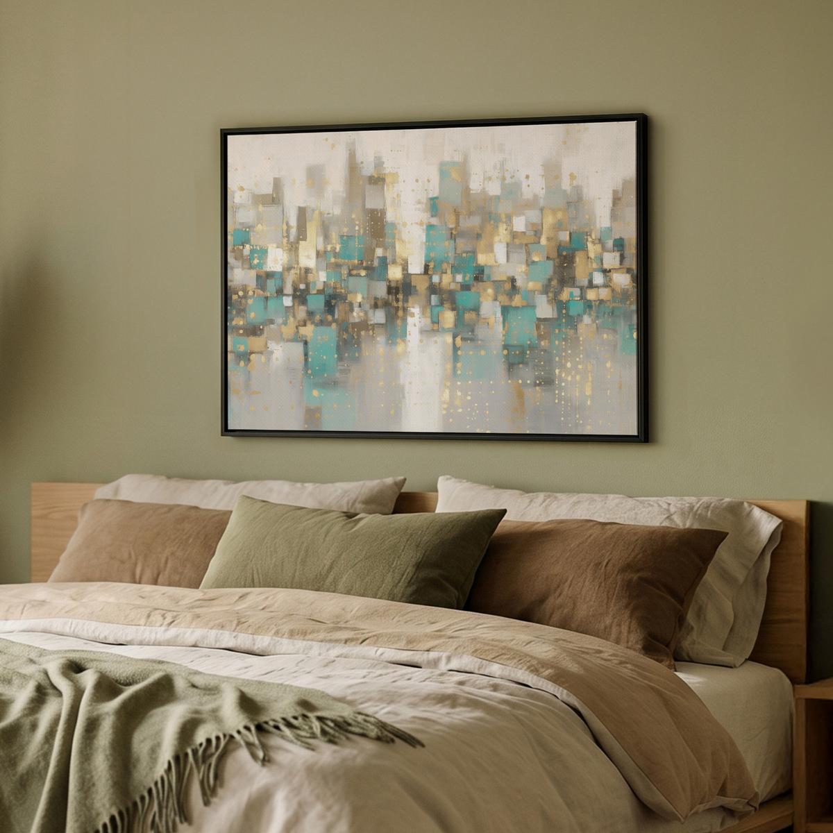 LEINWAND Bilder mit Rahmen - Abstrakt - Blöcke - Gold - Skyline - 70x50 - Beige, Textil (70/50cm) - MuchoWow