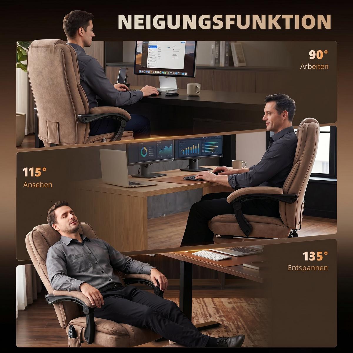 BÜROSTUHL-MIT-MASSAGEFUNKTION Samt-Polyester Braun - Silberfarben/Braun, Textil/Metall (67/119/72cm) - Vinsetto