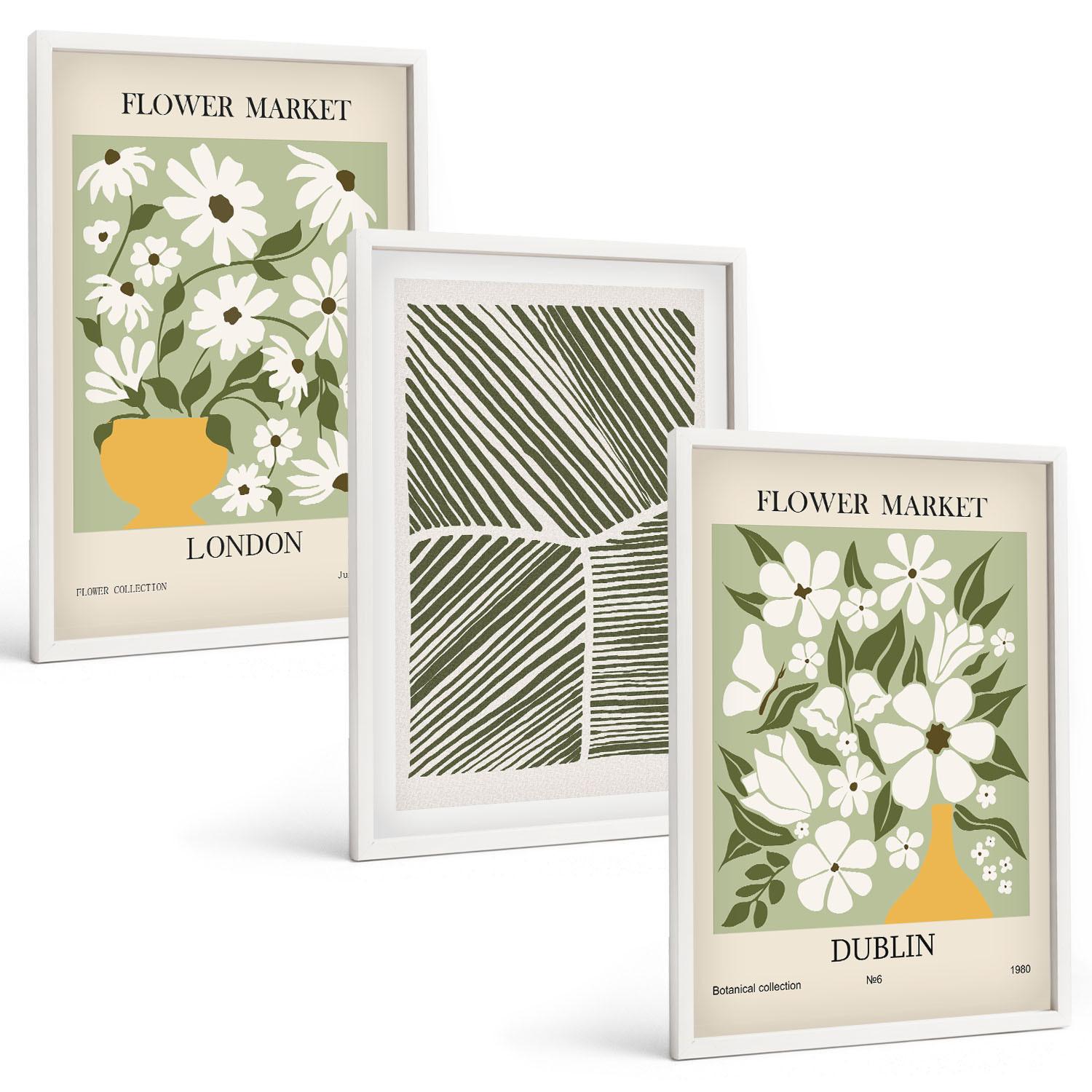 BILDER SET 3er Set - 40x60 cm Weißer Rahmen - Blumenmuster London Dublin - Weiß, Kunststoff (40/60cm) - TULUP