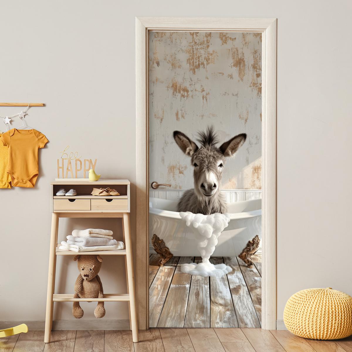 TÜRAUFKLEBER Esel - Tier - Vintage - Badewanne 90x235 cm - Türtapete - Eichefarben, Kunststoff (90/0.1cm) - MuchoWow