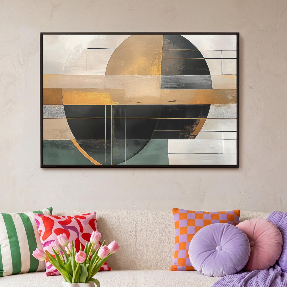LEINWAND Bilder mit Rahmen - Abstrakt - Gold - Bronze - Grün - Formen - Modern - 90x60 - Multicolor, Textil (90/60cm) - MuchoWow