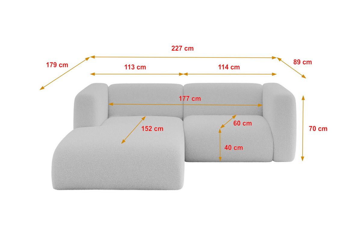 ECKSOFA Ottomane Links MIRA-L1 227x179x89 Hellgrau Bouclé - Silberfarben/Hellgrau, Holzwerkstoff/Kunststoff (227/179cm) - ALTDECOR