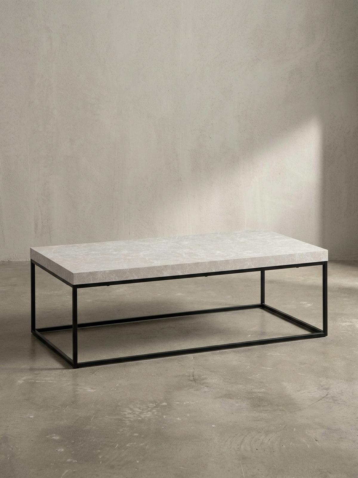 COUCHTISCH in Stein-Optik mit Metallbeinen, Modernes Design, Rechteckig, Groß, Beige 120x60x38 cm - Beige/Schwarz, Holzwerkstoff/Metall (60/120/38cm) - KADIMA DESIGN