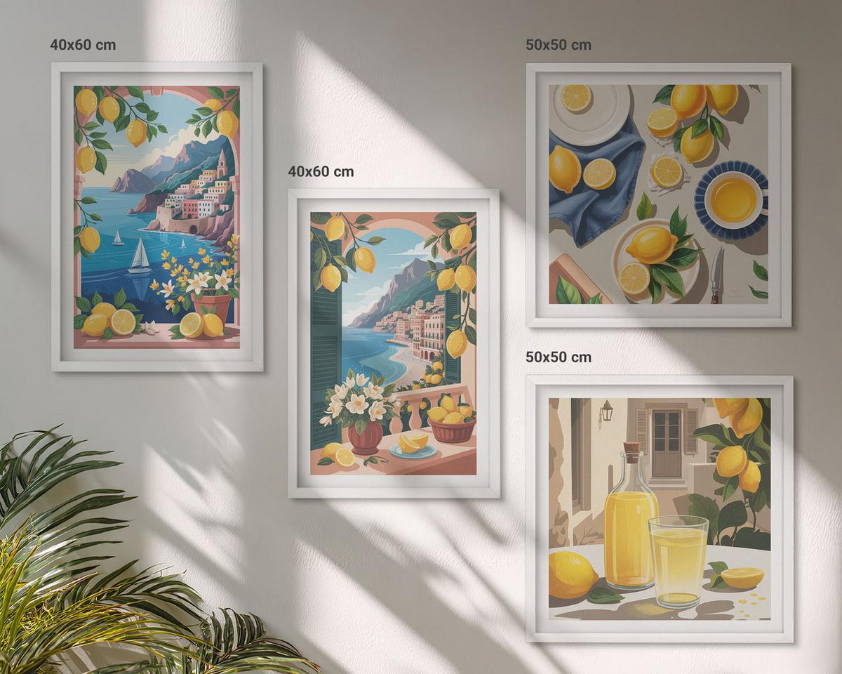 BILDER SET 4er Set - 50x50 cm & 40x60 cm Weißer Rahmen - Meerblick, italienische Zitronen - Weiß, Kunststoff (50/50cm) - TULUP