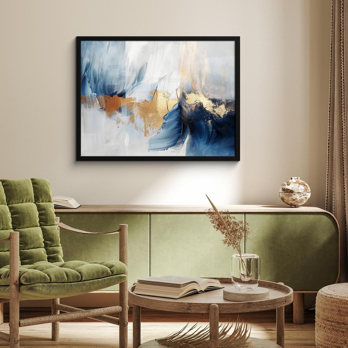 POSTER MIT RAHMENGERAHMTES BILD Gold - Blau - Aquarell - Kunst - Modern 80x60 cm - Hellblau, Papier (80/60cm) - MuchoWow