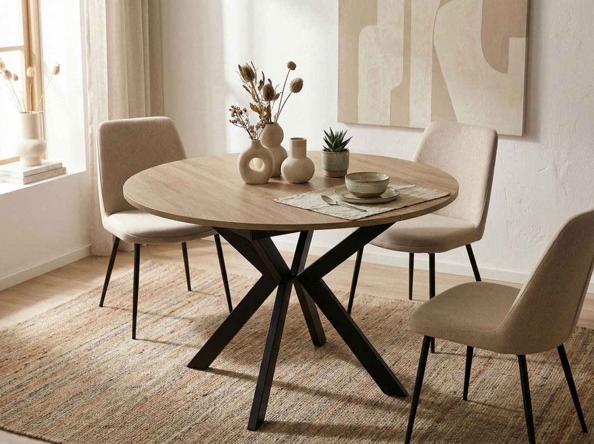ESSTISCH Lily runder ausziehbarer, Sonoma Eiche 100-140/100/76 cm - Schwarz/Sonoma Eiche, Holzwerkstoff/Metall (100/100/76cm) - WFL GROUP