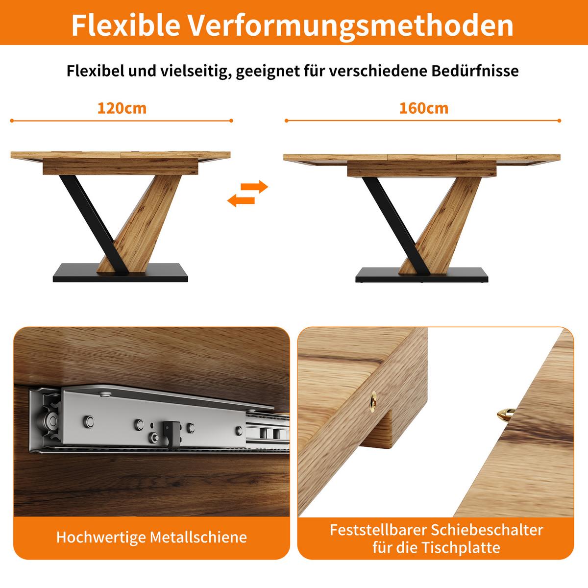 ESSTISCH ausziehbarer holzoptik & V-gestell 120 bis 160 cm für 4-6 personen - Naturfarben, Holzwerkstoff (75/120/75.5cm) - Urban Meuble