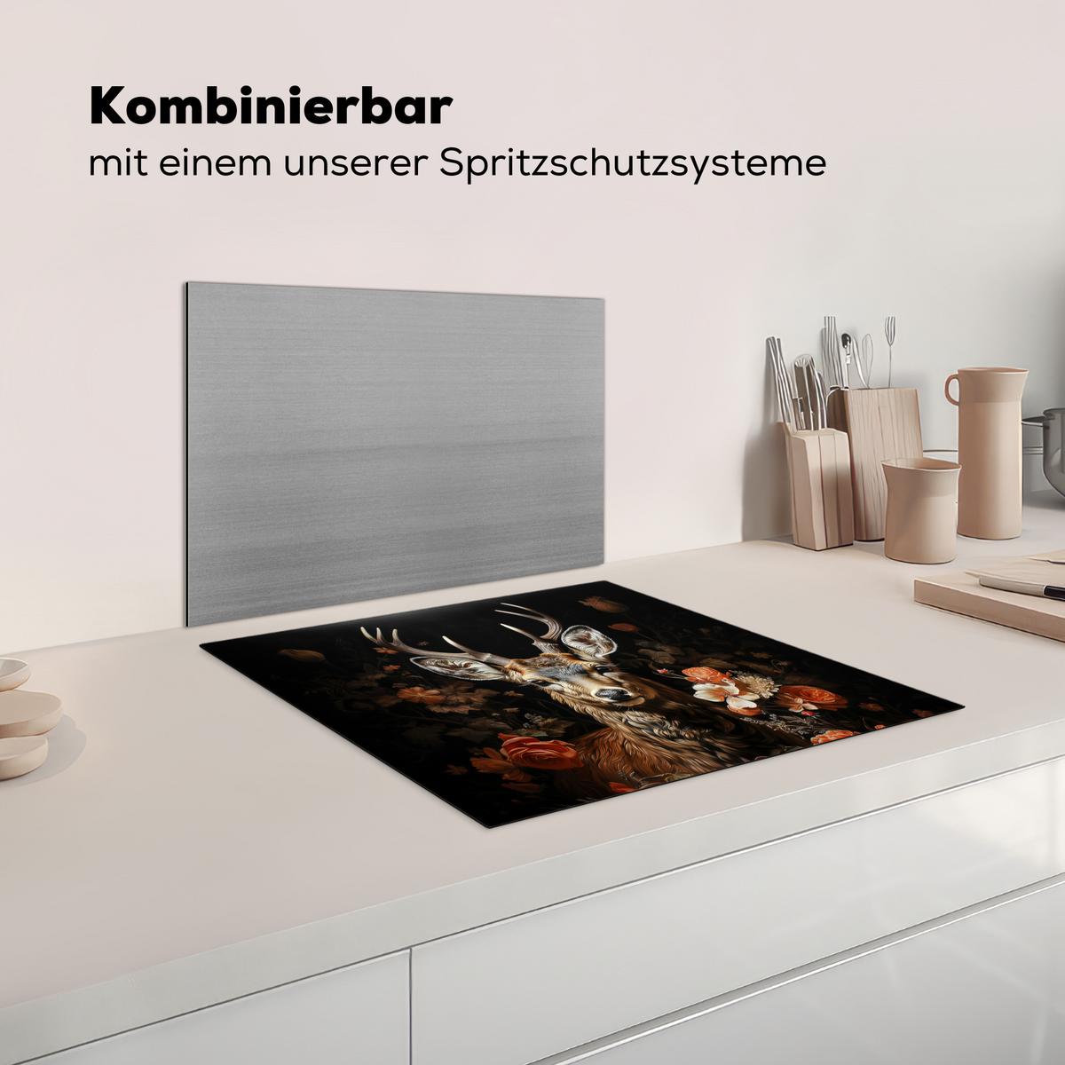 HERDABDECKPLATTE Hirsch - Tier - Blumen - Natur - Botanisch Abdeckung Ceranfeld 59x51 cm - Kupferfarben, Kunststoff (59/51/0.2cm) - MuchoWow