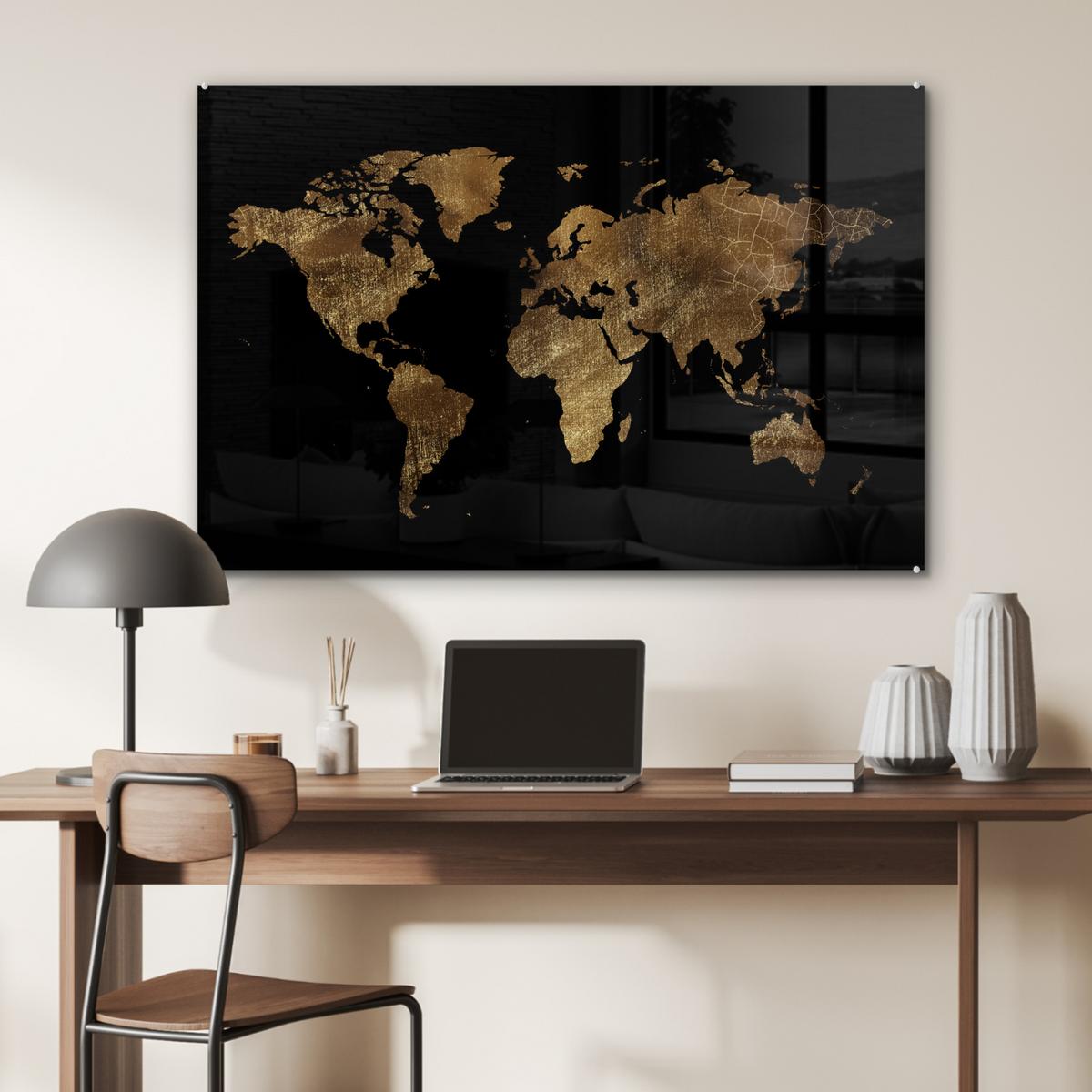 ACRYLGLASBILD Weltkarte - Gold - Luxus - Erde - Schwarz Room Decor 90x60 cm - Goldfarben, Glas (90/60cm) - MuchoWow