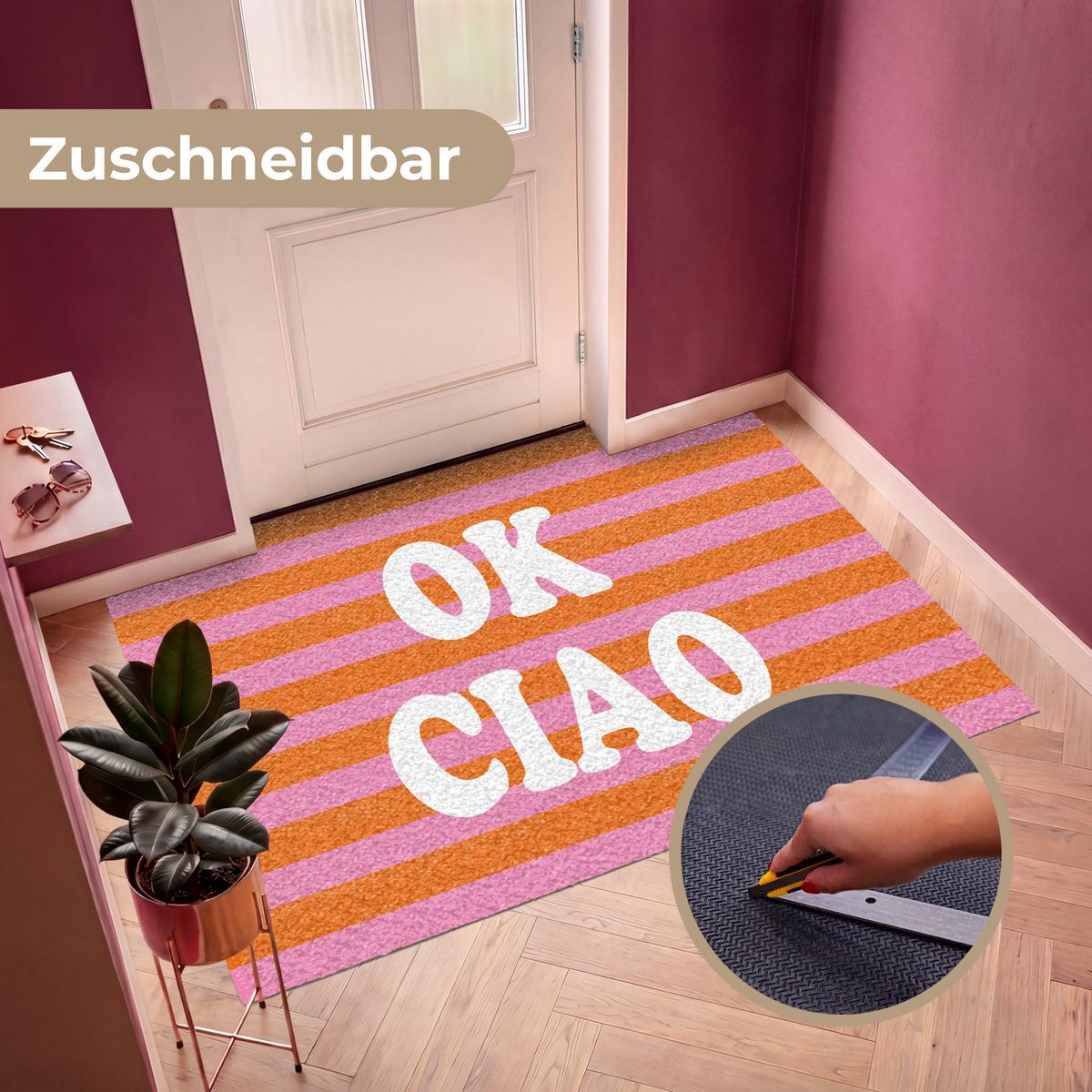 FUSSMATTE Ciao - Zitat - Streifen Sauberlaufmatte 180x120 cm - Orange, Kunststoff (180/0.4cm) - MuchoWow