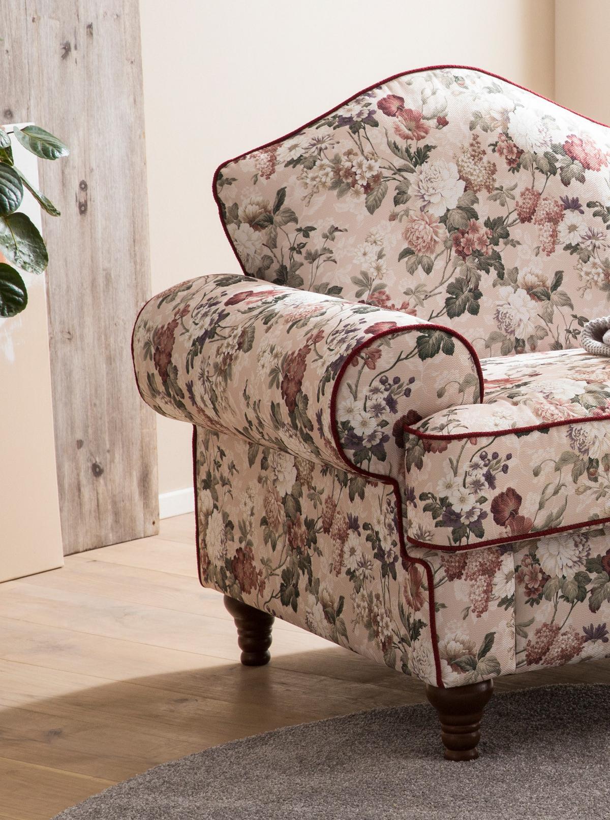 SESSEL creme Landhaus, Blumen Design, Loungesessel 110 cm - Rot/Multicolor, Holz/Textil (110/96/90cm) - Furn.Design