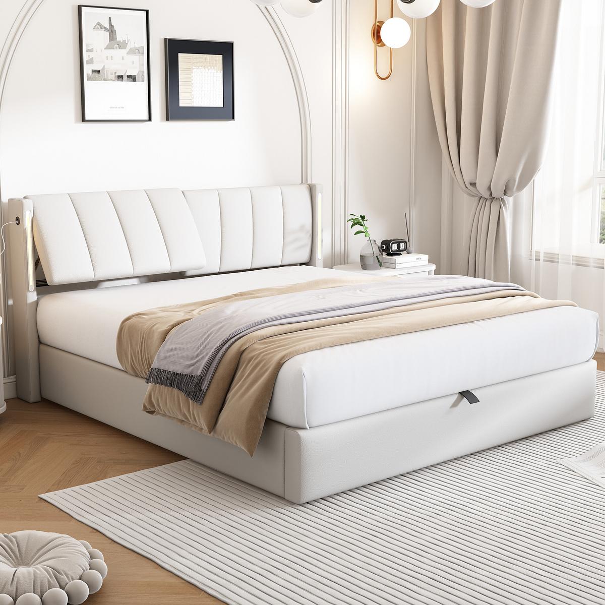 DOPPELBETT Weiß mit Stauraum und LED 207/140/103 cm - Weiß, Holzwerkstoff/Metall - Urban Meuble