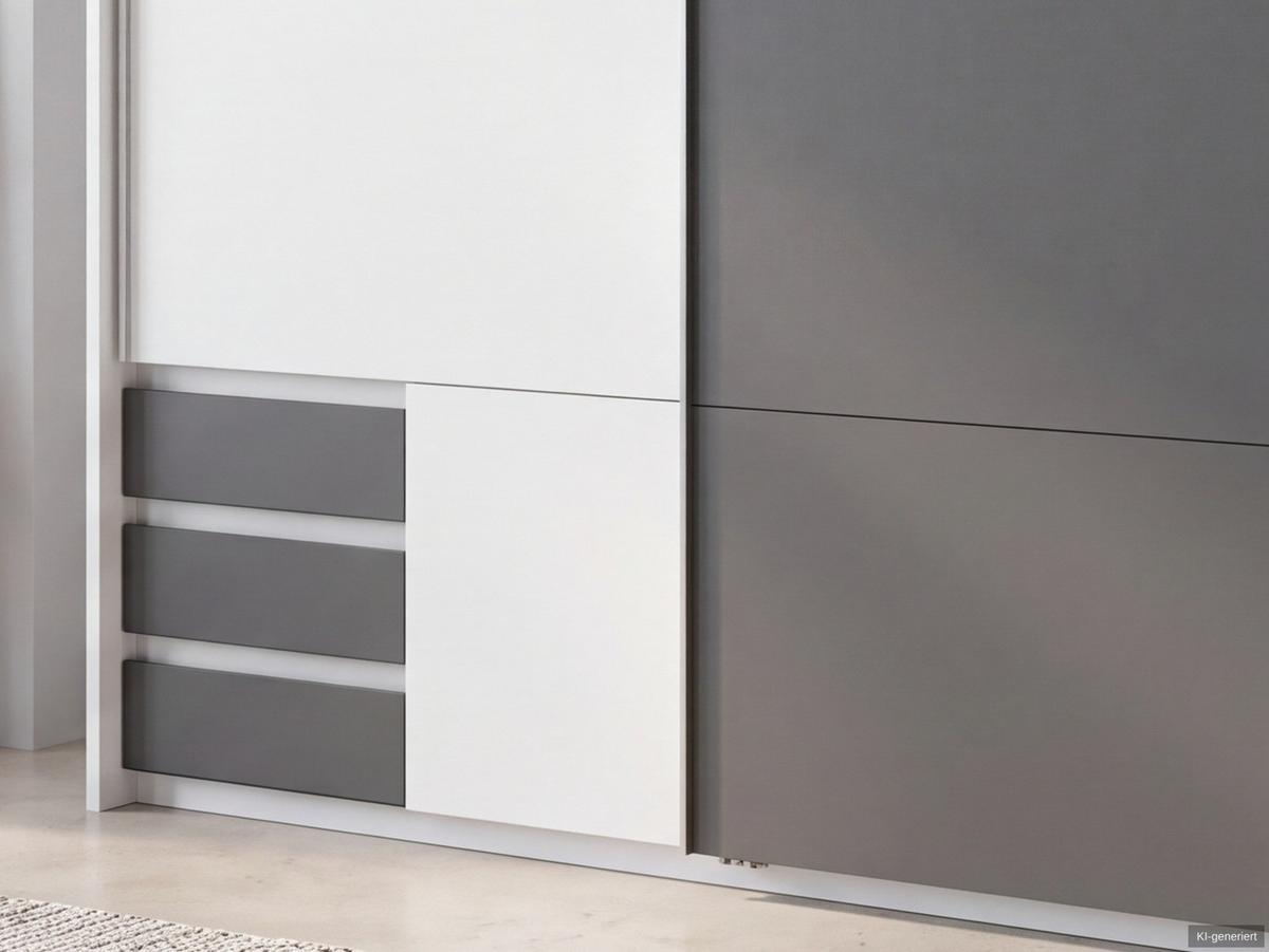 SCHWEBETÜRENSCHRANK 2-türig B183/H200/T65 cm, Passepartout-Kleiderschrank in Weiß, 1x Tür & sichtbare Schubkästen in Grafit / 22696 - Graphitfarben/Alufarben, Holz/Holzwerkstoff (183/200/65cm) - luma-home