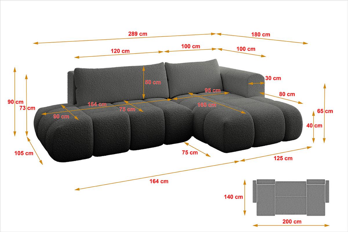ECKSOFA Ottomane Rechts CLOUD-L 280x185x90 Grau Bouclé - Grau, Holzwerkstoff/Kunststoff (185/280cm) - ALTDECOR
