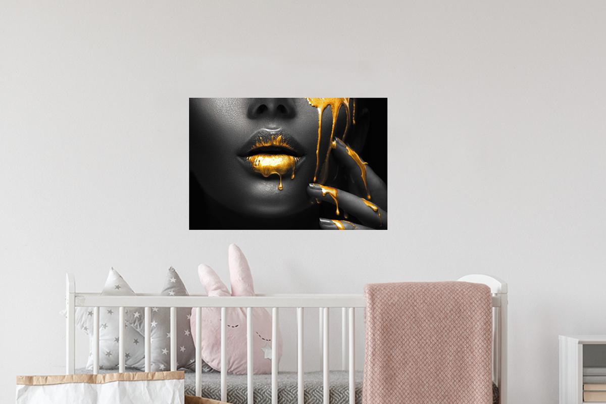 WANDTATTOO Frau - Schwarz - Gold - Gesicht - Lippen Deko Wohnzimmer 60x40 cm - Goldfarben, Kunststoff (60/40/0.1cm) - MuchoWow