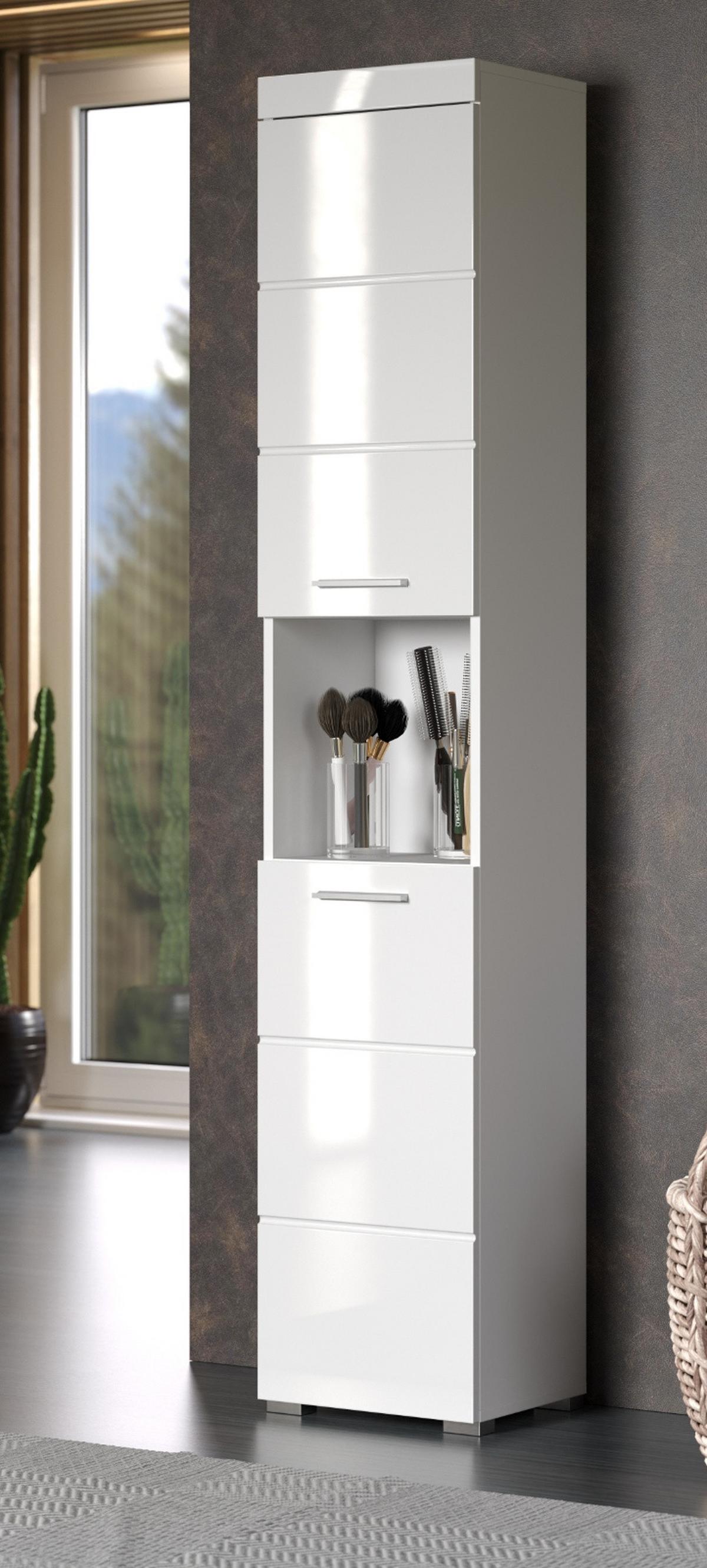 HOCHSCHRANK weiß Hochglanz 37 x 190 cm, Badschrank 2-türig - Weiß, Holzwerkstoff/Kunststoff (37/190/31cm) - Top.Furn