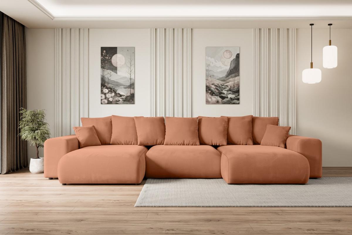 WOHNLANDSCHAFT mit Schlaffunktion ESKAR-U -364x176x84cm Koralle Velours - Koralle/Schwarz, Holzwerkstoff/Kunststoff (364/72/176cm) - ALTDECOR