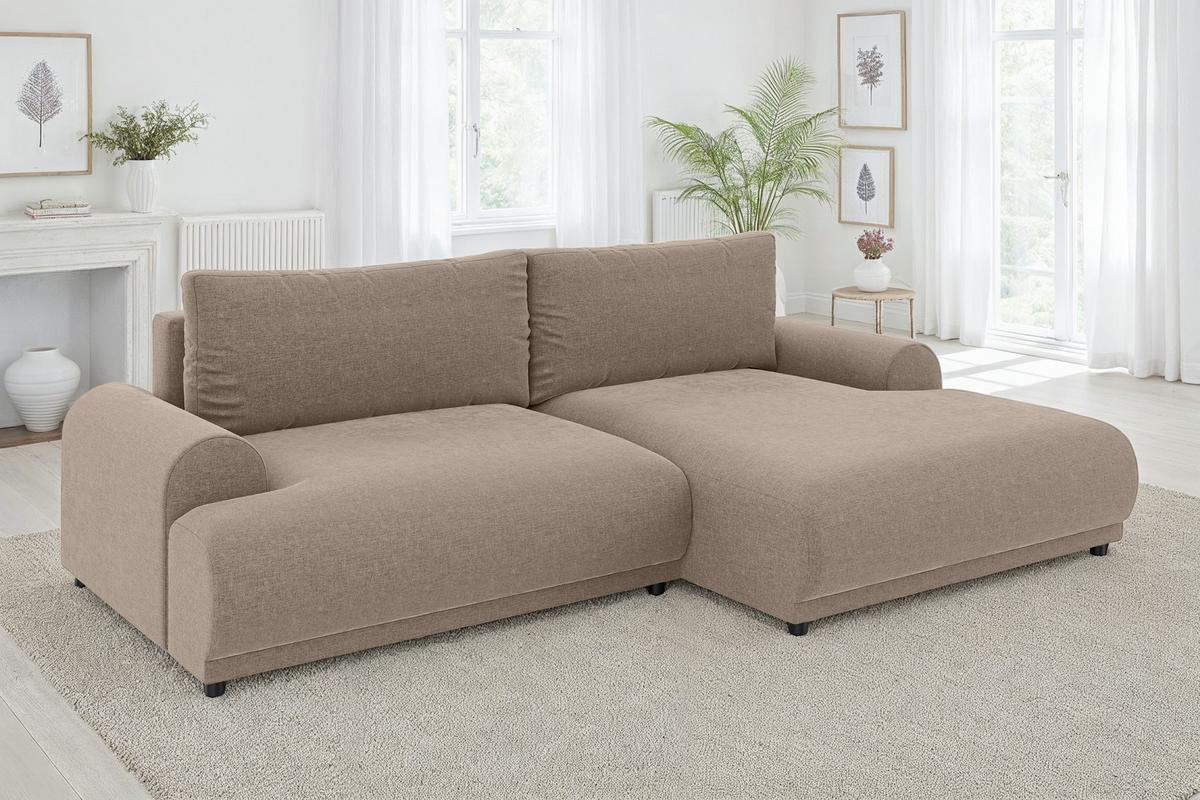 ECKSOFA mit Schlaffunktion, Bettkasten, extrabreite Ottomane rechts, abgerundete Armlehnen, B240/T145/H81 cm, Chenille Hellbraun / 21021 - Hellbraun/Schwarz, Kunststoff/Textil (240/145cm) - luma-home