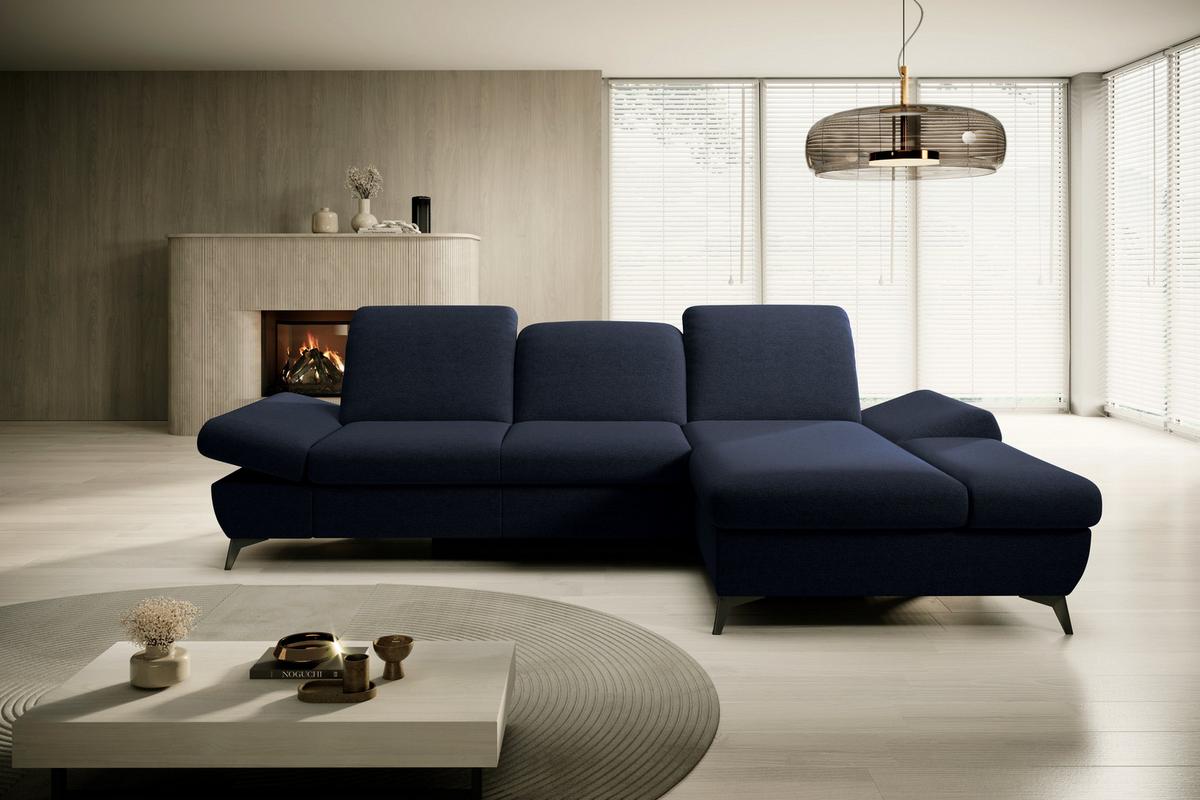 ECKSOFA FELICE R-S Dunkelblau Geflochtener Stoff mit Schlaffunktion - Dunkelblau, Holz (284/166cm) - MASSENO