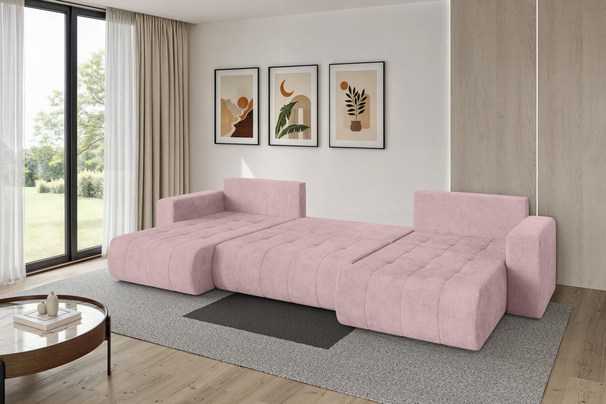 WOHNLANDSCHAFT mit Schlaffunktion und Bettkasten MILA-U 378x194x86 Rosa Cord - Schwarz/Rosa, Holzwerkstoff/Kunststoff (378/86/194cm) - ALTDECOR