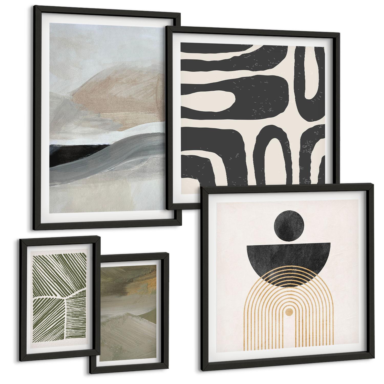 BILDER SET 5er Set - 50x50 cm & 20x30 cm & 40x60 cm Schwarzer Rahmen - Gemalte abstrakte Dekorationen - Schwarz, Kunststoff (40/60cm) - TULUP