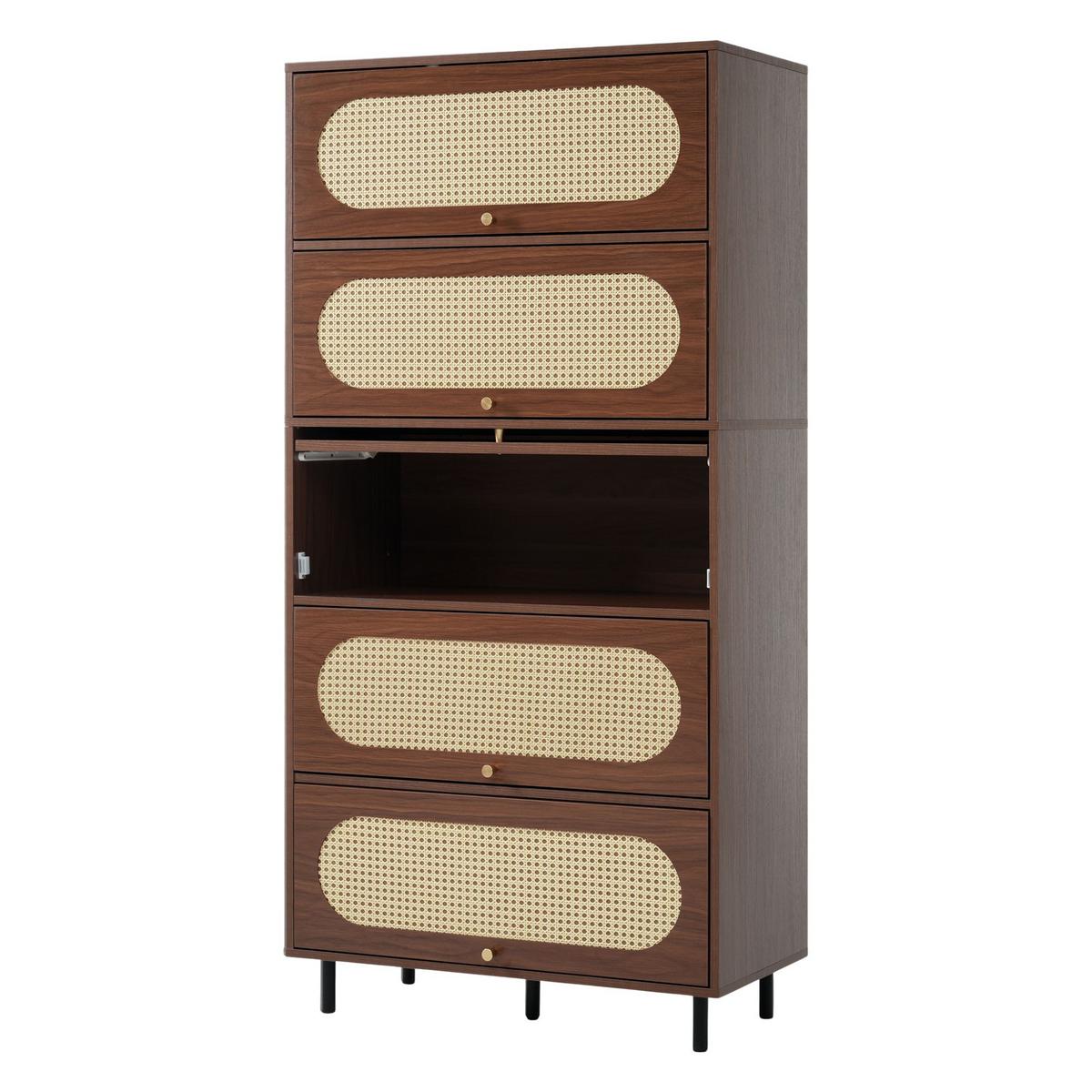 BUFFETSCHRANK Nussbaum & Rattan, 5 Klappen, Metallbeine - Walnussfarben, Holz (80/163/40cm) - Urban Meuble