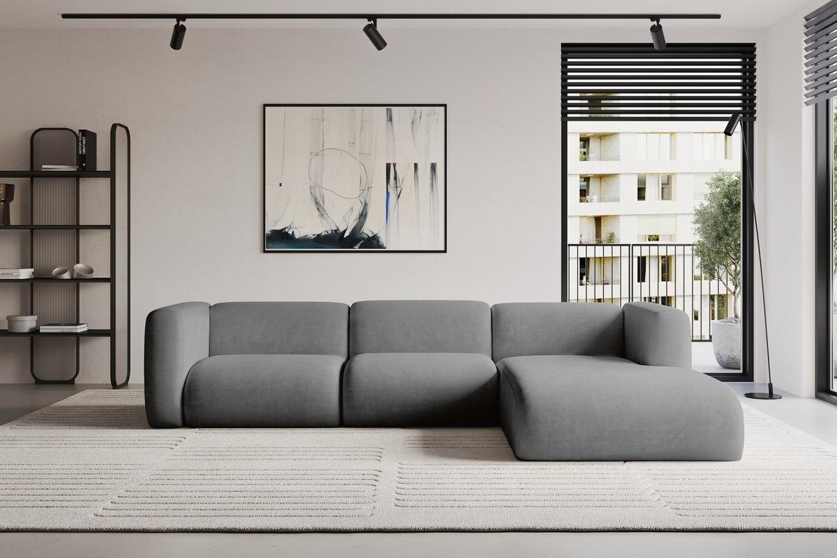 ECKSOFA Ottomane Rechts MIRA-L2 318x179x89 Grau Velours - Schieferfarben/Schwarz, Holzwerkstoff/Kunststoff (318/179cm) - ALTDECOR
