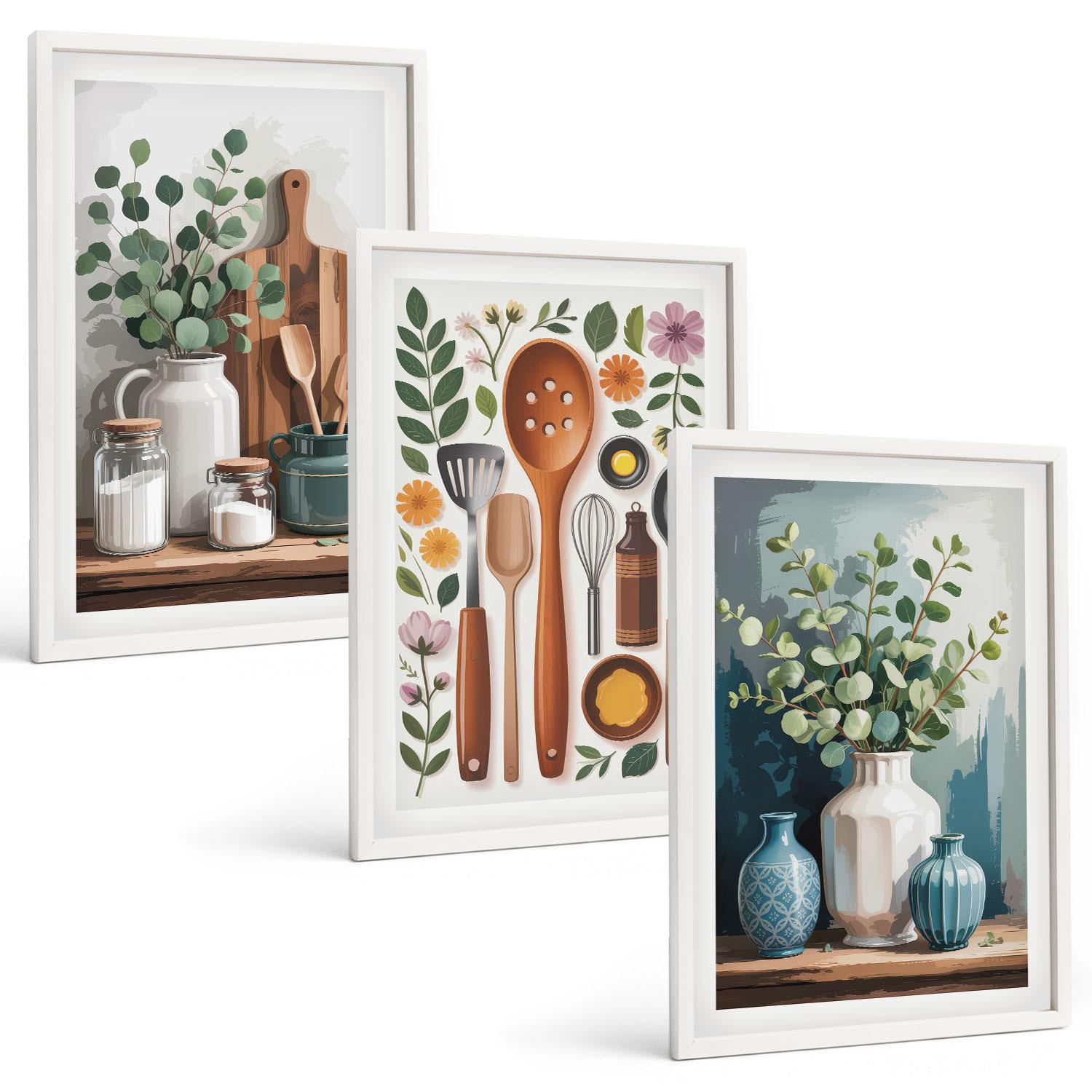 BILDER SET 3er Set - 40x60 cm Weißer Rahmen - Küchenaccessoires auf pflanzlicher Basis - Weiß, Kunststoff (40/60cm) - TULUP