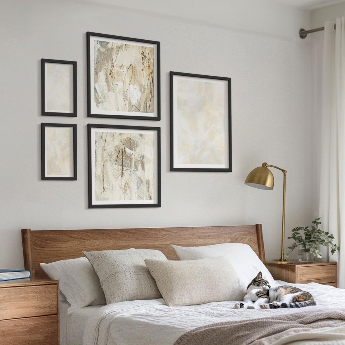 BILDER SET 5er Set - 50x50 cm & 20x30 cm & 40x60 cm Schwarzer Rahmen - Helles Strukturfarbendesign - Schwarz, Kunststoff (40/60cm) - TULUP