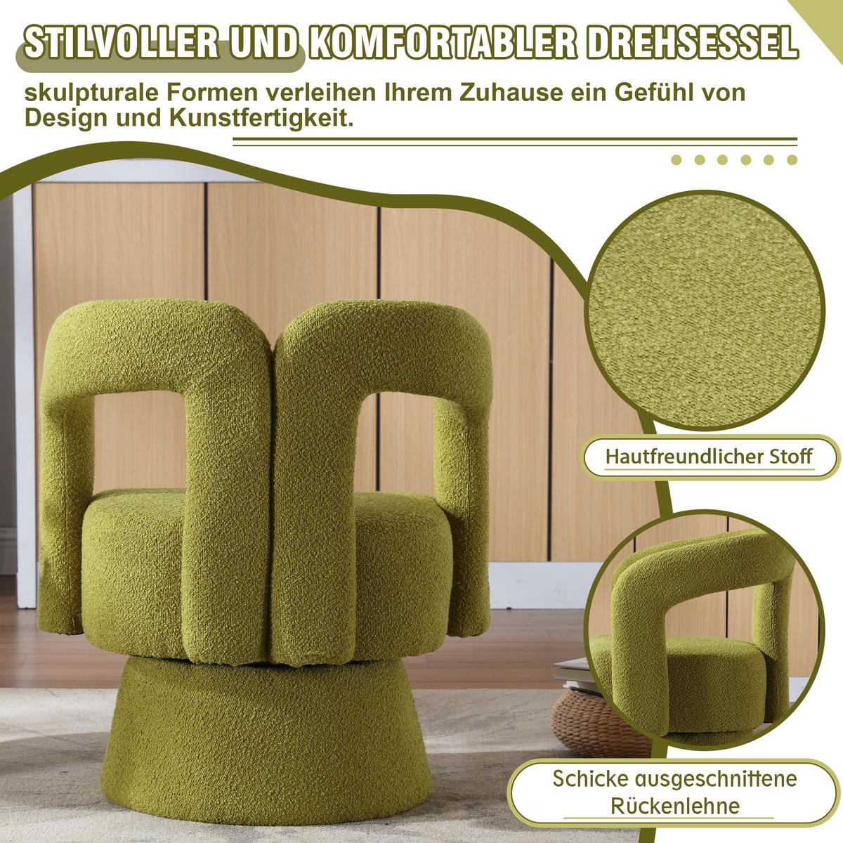 DREHSESSEL 360° Boucle Akzentstuhl Polstersessel für Wohnzimmer & Büro - Olivgrün, Textil (67/74/55cm) - Urban Meuble