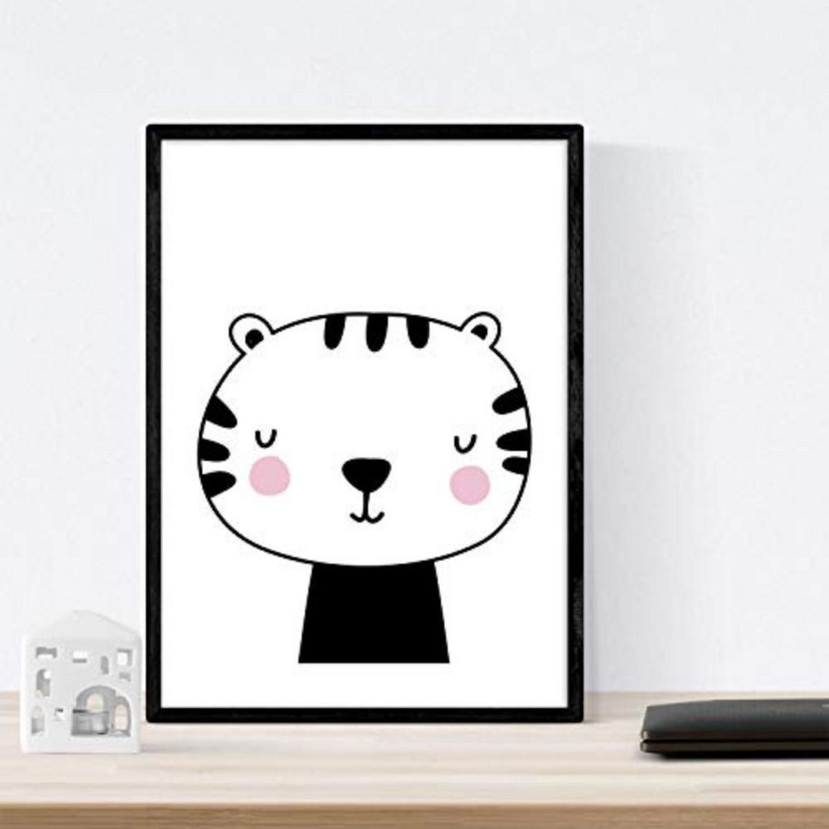 POSTER Set mit 4 Fox, Leon, Katze und Tiger Tieren A4 Schwarzer Rahmen - Schwarz, Papier (29.7/3cm) - Nacnic
