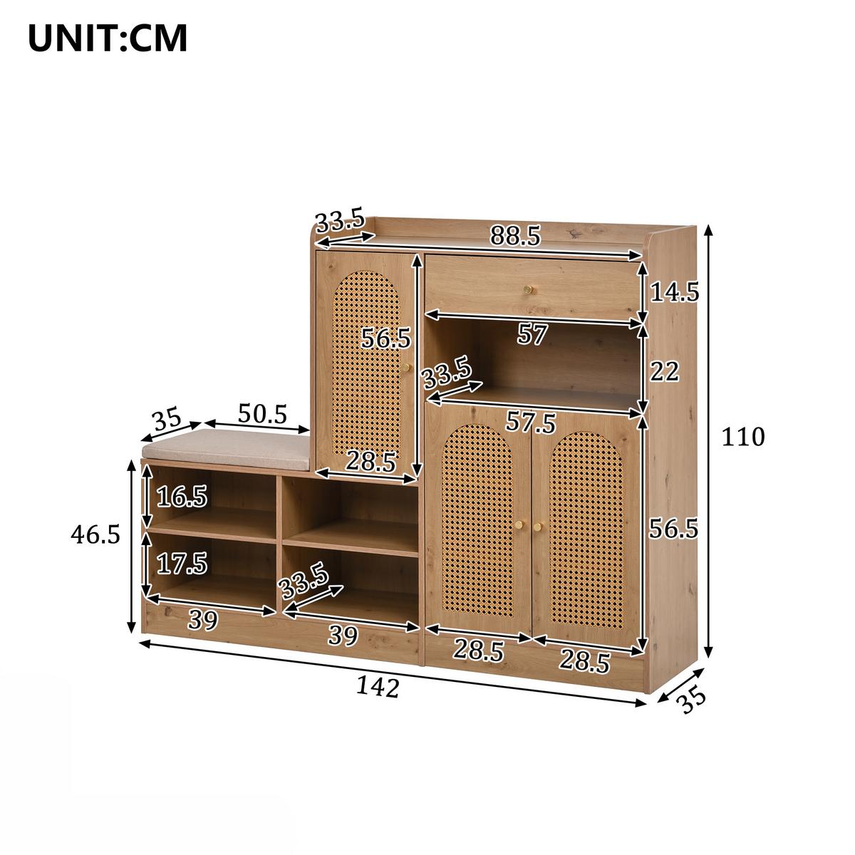 SCHUHSCHRANK rattan sitzbank holzoptik - Naturfarben, Holzwerkstoff (142/110/35cm) - Urban Meuble