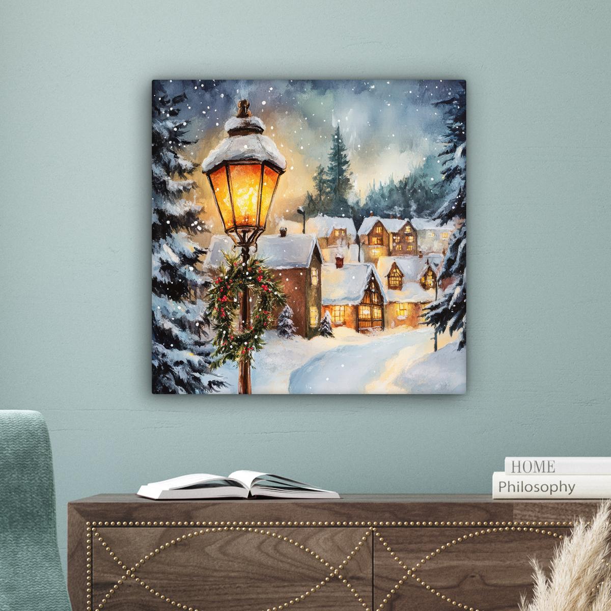 LEINWANDBILD Weihnachtsdorf - Häuser - Schnee - Weihnachten Wandbild Wohnzimmer 50x50 cm - Sandfarben, Textil (50/50cm) - MuchoWow