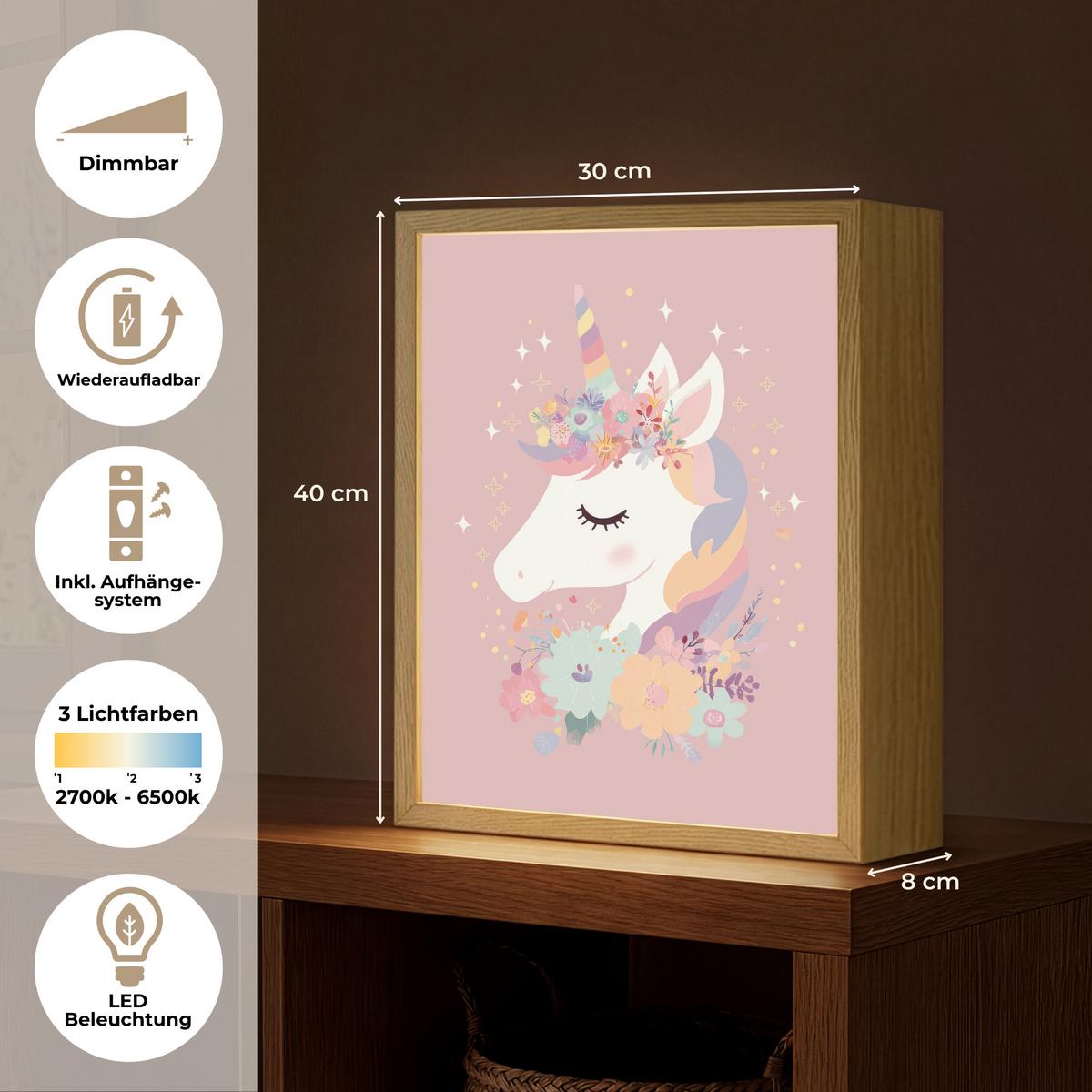 NACHTTISCHLAMPE MIT AKKU Einhorn - Rosa - Blumen 30x40 cm - Rosa, Holzwerkstoff (8/30/40cm) - OnlyWow