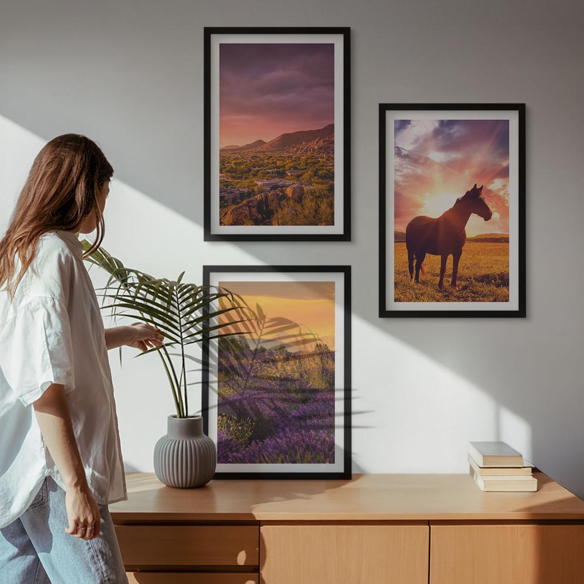 BILDER SET 3er Set - 40x60 cm Schwarzer Rahmen - Berglandschaft mit einem Pferd - Schwarz, Kunststoff (40/60cm) - TULUP