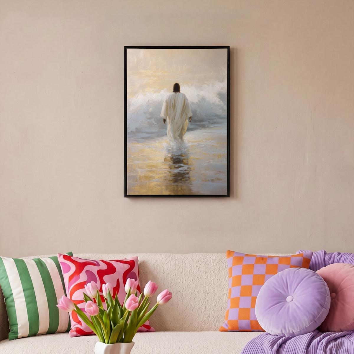 LEINWAND Bilder mit Rahmen - Gemälde - Welle - Jesus - Abstrakt - 40x60 - Goldfarben, Textil (40/60cm) - MuchoWow
