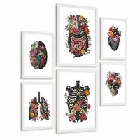 POSTER Set aus 6 Botanische Anatomie Drucke mit Herz Lungen Wirbelsäule Becken und Rippen Beige Terrakotta Erdtöne Florales Weißer Rahmen A3 & A4 - Weiß, Papier (21/29.7/3cm) - Nacnic