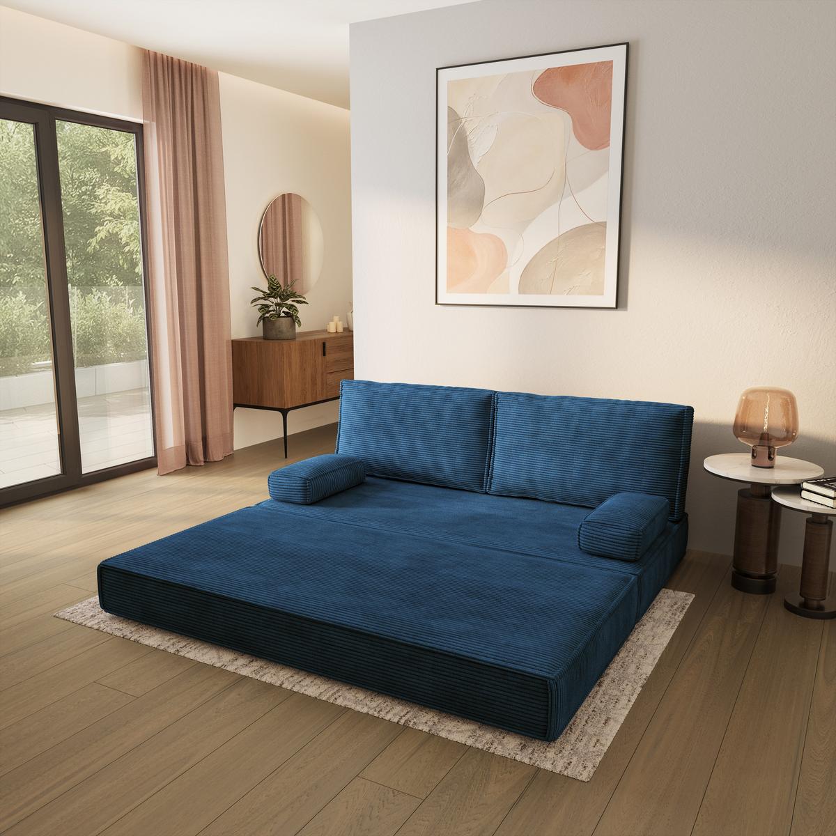 BETTSOFA SILAR aus Schaumstoff Kordstoff Blau Schlaffunktion - Blau, Textil (170/86/80cm) - MASSENO